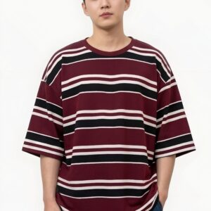 Old Money Burgundy Striped Drop Shoulder T-Shirt – Relaxed Oversized Fit