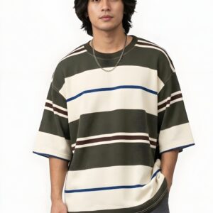 Old Money Olive Stripe Drop Shoulder T-Shirt – Premium Oversized Fit