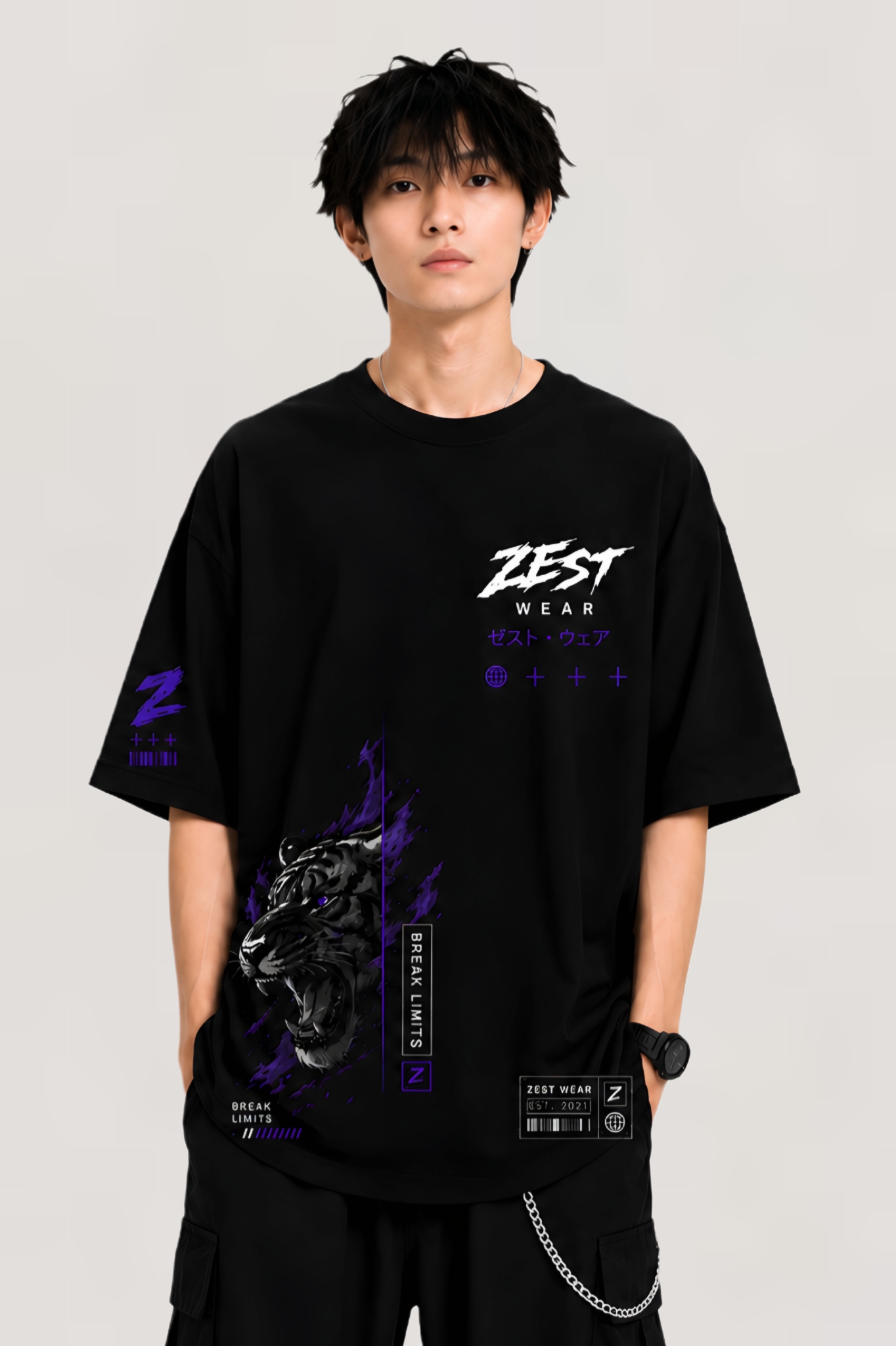 ZEST WEAR Savage Tiger Oversized Black T-Shirt | Premium Streetwear Graphic Tee - Image 2