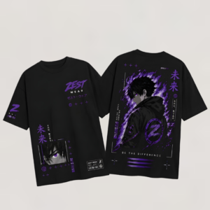 ZEST WEAR Future Shadow Anime Oversized Black T-Shirt | Purple Streetwear Graphic Tee