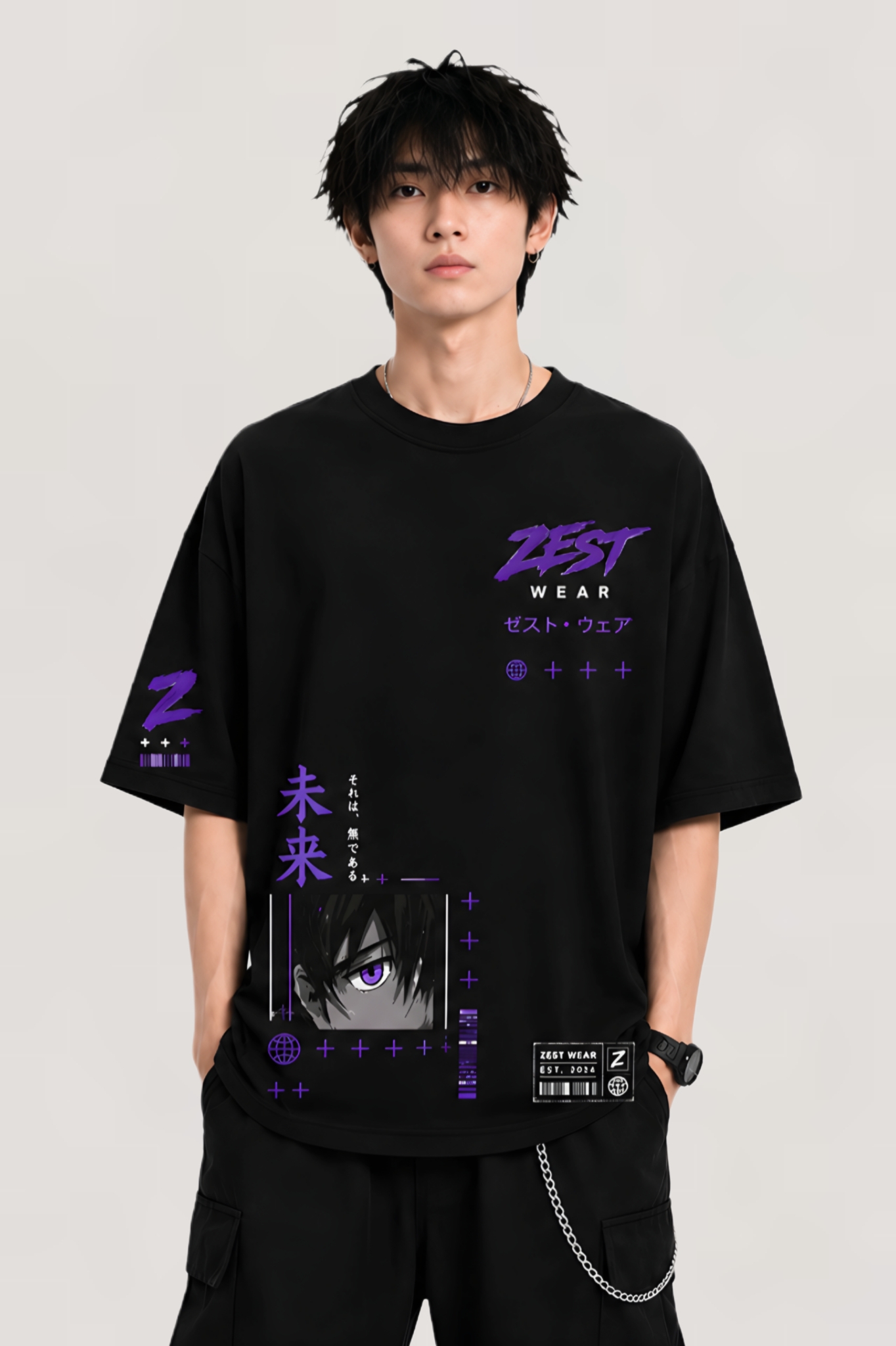 ZEST WEAR Future Shadow Anime Oversized Black T-Shirt | Purple Streetwear Graphic Tee - Image 2