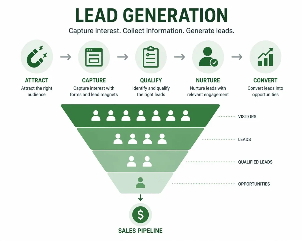 Five stages of the online lead generation process
Use a simple, readable funnel diagram with five clearly labeled stages.