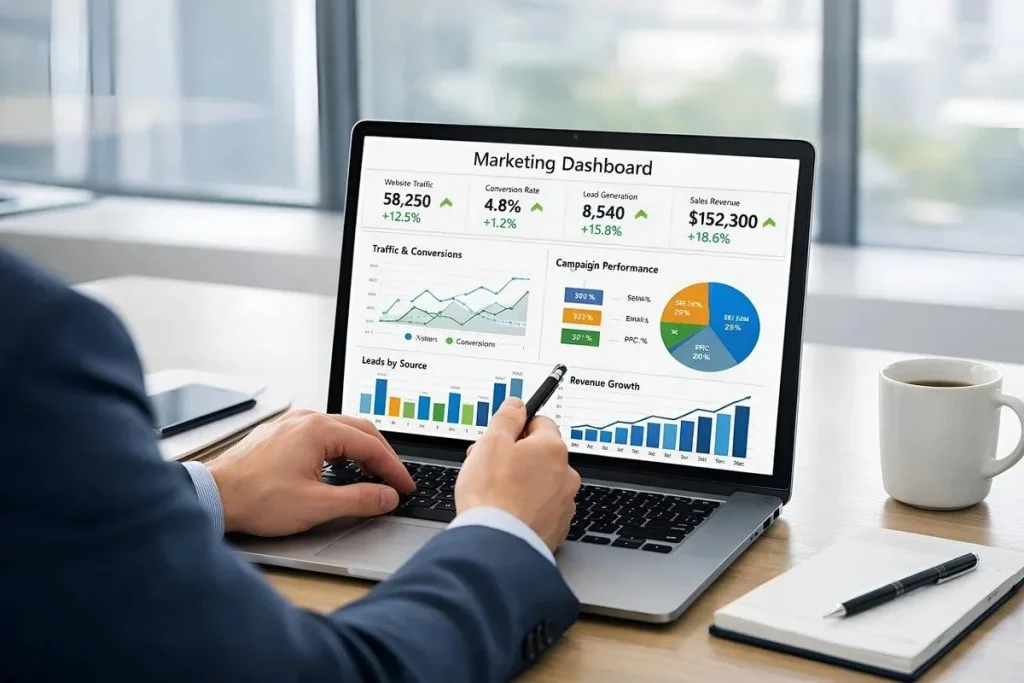 Lead generation dashboard tracking conversion rates and qualified leads
Show a clean analytics dashboard with clearly labeled metrics.