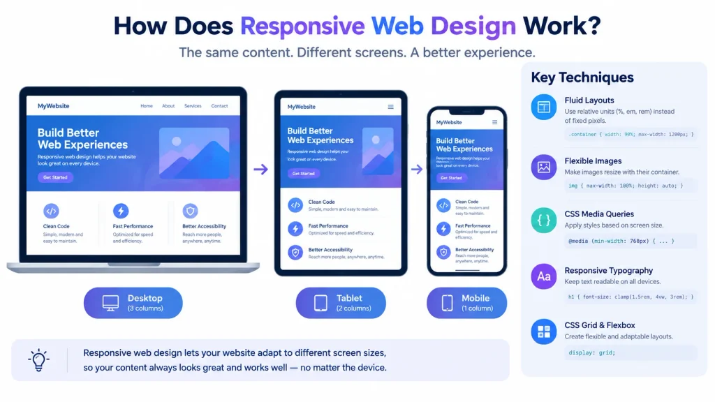 How responsive web design adapts website layouts across desktop, tablet, and mobile screens.
