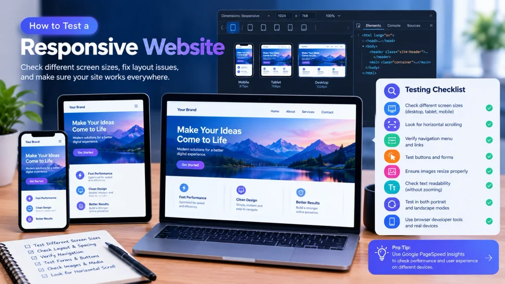 Testing a responsive website on desktop, tablet, and mobile devices using browser developer tools.
